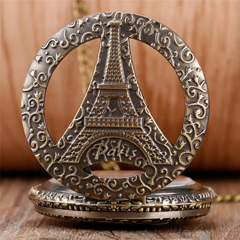 SHOP7D_Antique Hollow Out Eiffel Tower Unisex Quartz Pocket Watch Sweater Chain Souvenir Collection Clock Gift for Men Women Souvenir