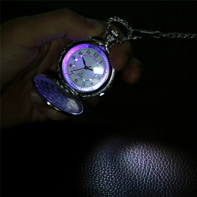 SHOP7D_Antique Style LED Clock Locomotive Railway Men Women Quartz Analog Pocket Watch Arabic Numerals Display Pendant Chain Gifts