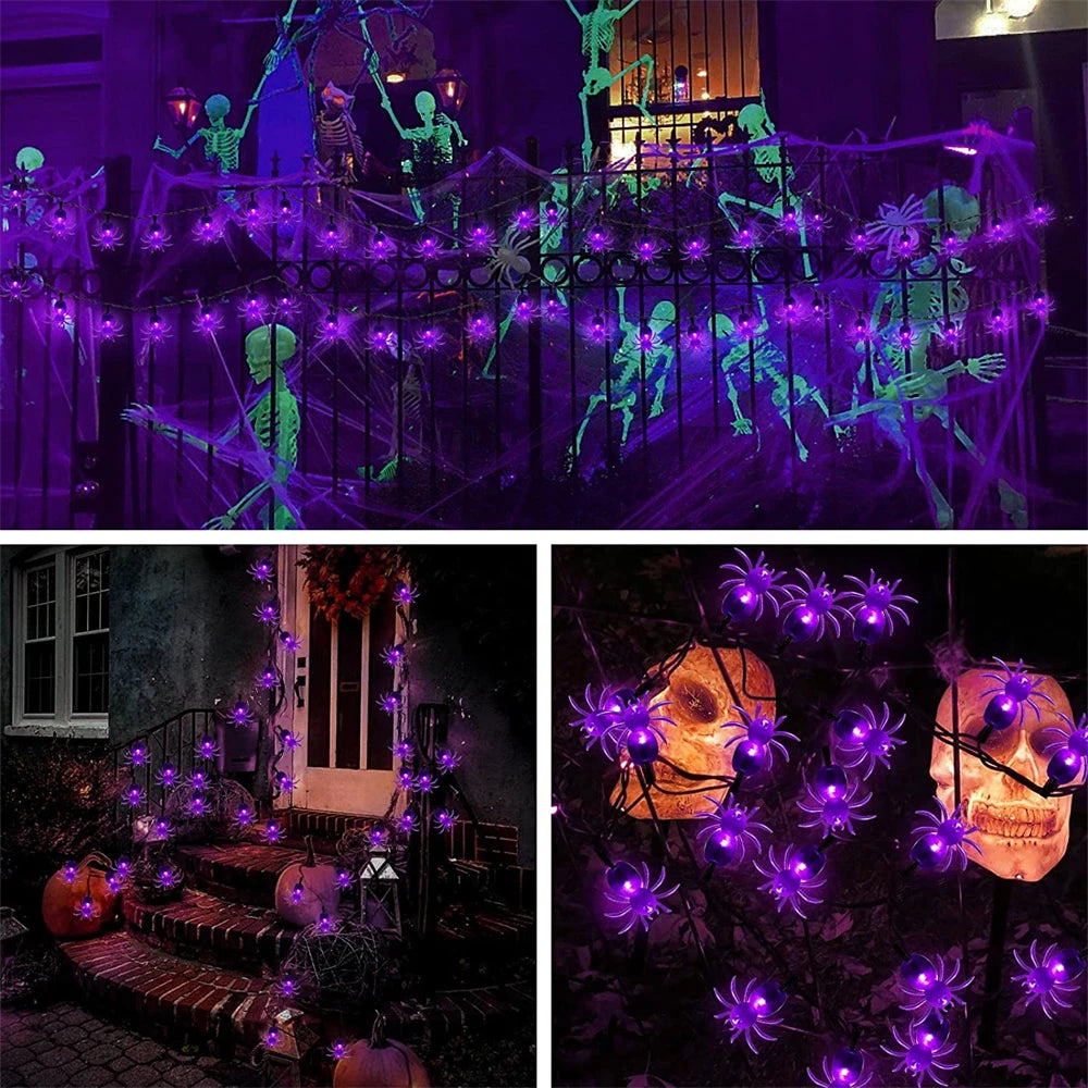 SHOP7D_50/30/20leds Solar Spider Lights String Halloween Purple Spider Lights for Christmas New Year Party Garden Courtyard Wall Decor