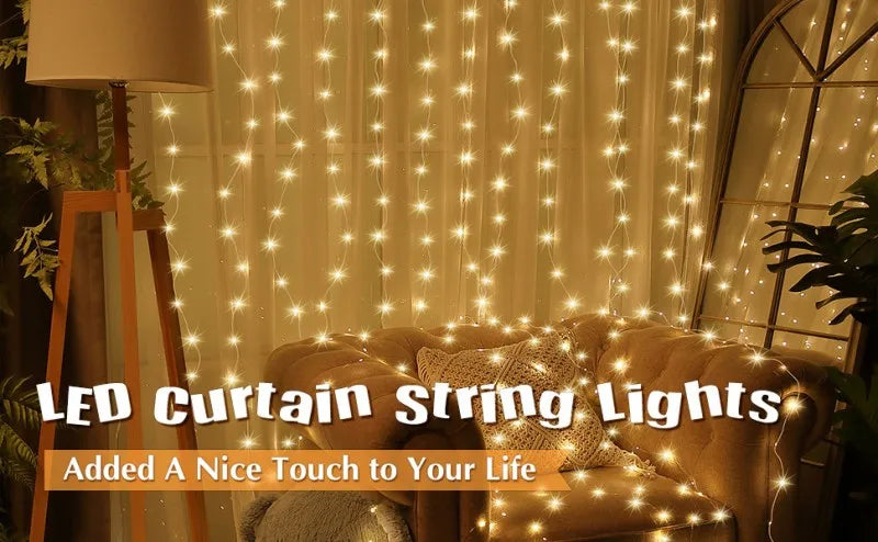 SHOP7D_LED Curtain String Lights Christmas Garland Decor Fairy Light 8 Modes USB Remote Control Wedding Holiday Party for Bedroom Home