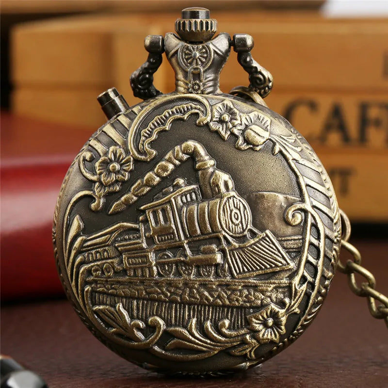 SHOP7D_Antique Style LED Clock Locomotive Railway Men Women Quartz Analog Pocket Watch Arabic Numerals Display Pendant Chain Gifts