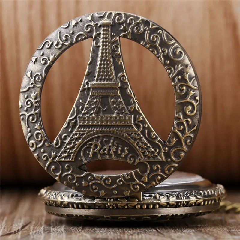 SHOP7D_Antique Hollow Out Eiffel Tower Unisex Quartz Pocket Watch Sweater Chain Souvenir Collection Clock Gift for Men Women Souvenir