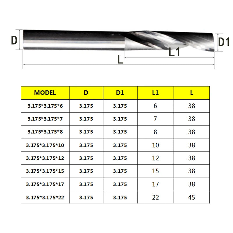 SHOP7D_AAAAA Quality 3.175/4/5/6/8mm Single Flute Milling Cutters for Aluminum CNC Tools Solid Carbide Composite Panels WoodWorking