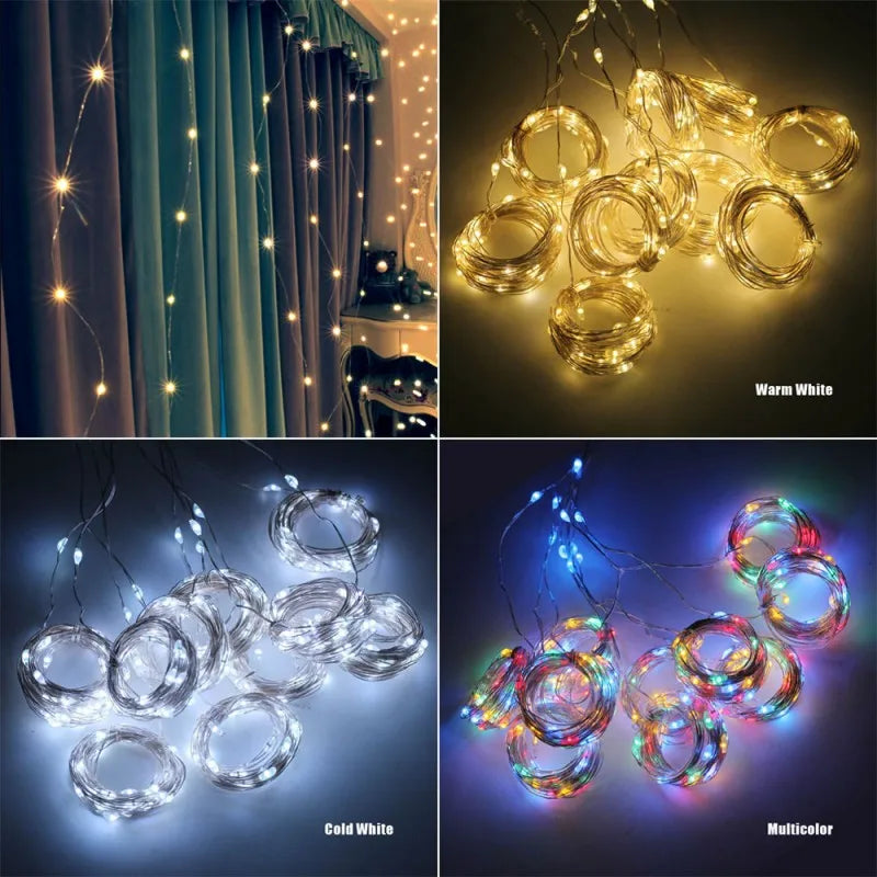 SHOP7D_LED Curtain String Lights Christmas Garland Decor Fairy Light 8 Modes USB Remote Control Wedding Holiday Party for Bedroom Home