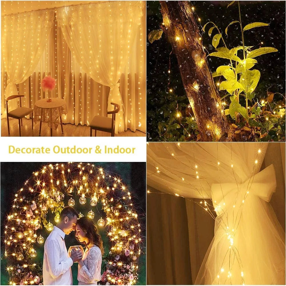 SHOP7D_LED Curtain String Lights Christmas Garland Decor Fairy Light 8 Modes USB Remote Control Wedding Holiday Party for Bedroom Home