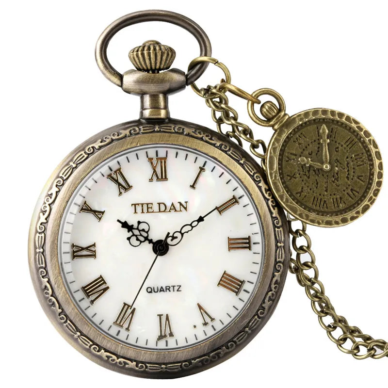 SHOP7D_Classical Pocket Watch with Chain Men Women Retro Clock Quartz Analog Display Roman Numeral Dial Pendant Compass Long Chain