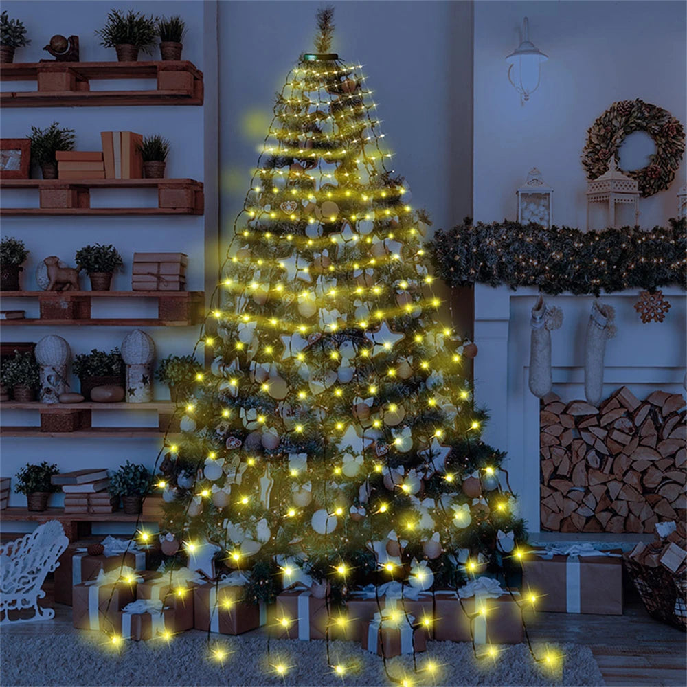 SHOP7D_C2 Led Light 280LED Christmas Tree Topper Star Waterfall Light Outdoor Garden Memory Fairy String Light Garland Holiday Lighting