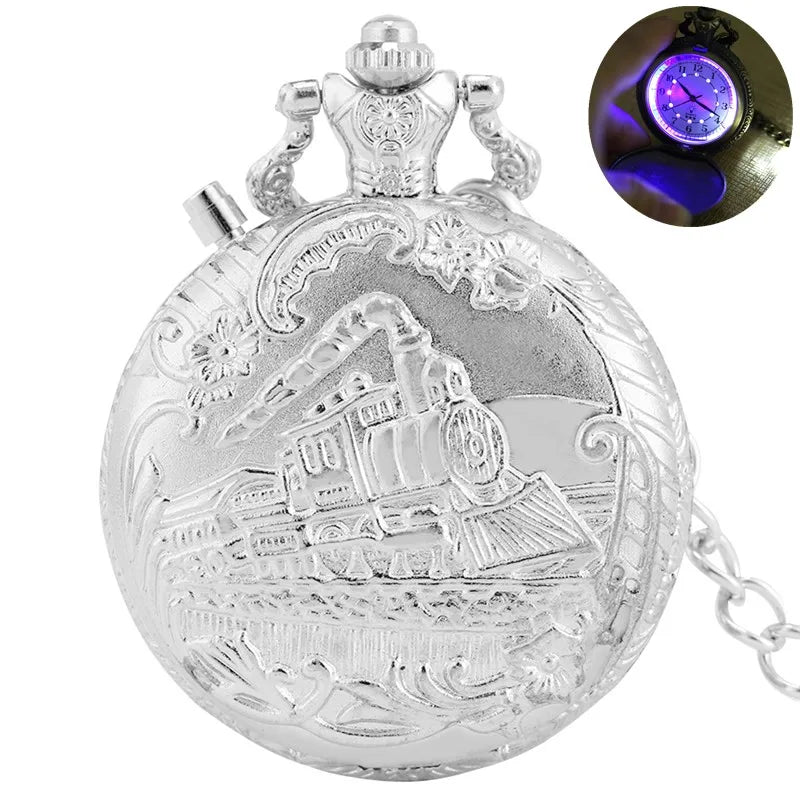 SHOP7D_Antique Style LED Clock Locomotive Railway Men Women Quartz Analog Pocket Watch Arabic Numerals Display Pendant Chain Gifts