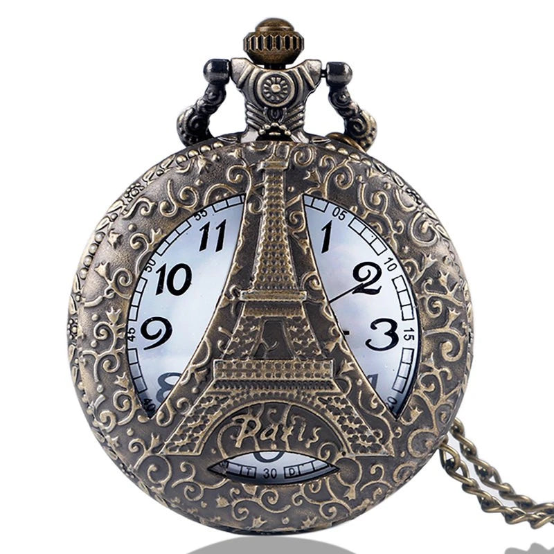 SHOP7D_Antique Hollow Out Eiffel Tower Unisex Quartz Pocket Watch Sweater Chain Souvenir Collection Clock Gift for Men Women Souvenir