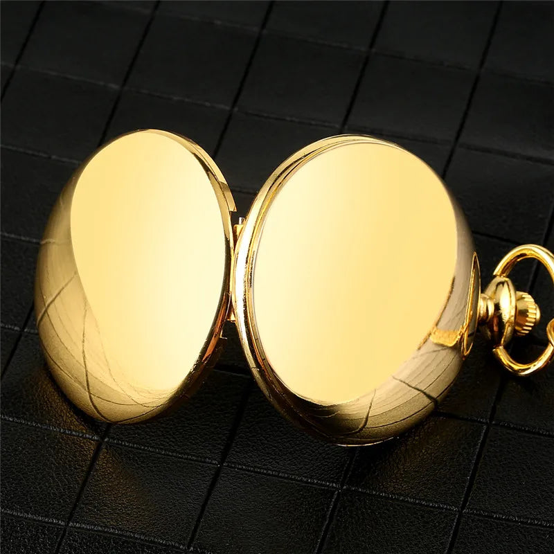 SHOP7D_Luxury Yellow Gold/black Smooth Case Clock Men Women Pendant Pocket Watch Quartz Movement Analog Display Necklace Fob Chain