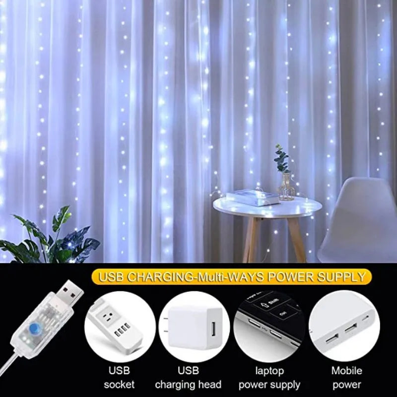 SHOP7D_LED Curtain String Lights Christmas Garland Decor Fairy Light 8 Modes USB Remote Control Wedding Holiday Party for Bedroom Home