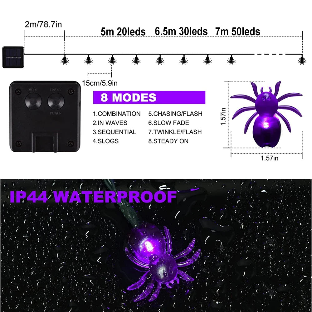 SHOP7D_50/30/20leds Solar Spider Lights String Halloween Purple Spider Lights for Christmas New Year Party Garden Courtyard Wall Decor