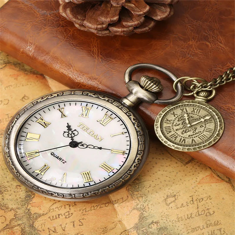 SHOP7D_Classical Pocket Watch with Chain Men Women Retro Clock Quartz Analog Display Roman Numeral Dial Pendant Compass Long Chain