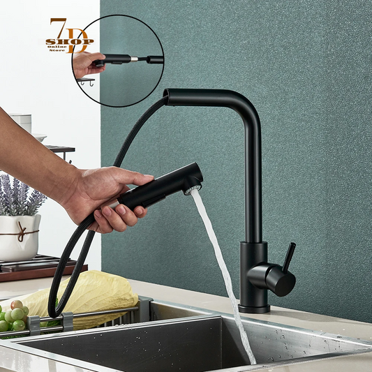 SHOP7D_Free Shipping  Black Pull Out Kitchen Sink Faucet Two Model Stream Sprayer Nozzle Stainless Steel Hot Cold Wate Mixer Tap Deck