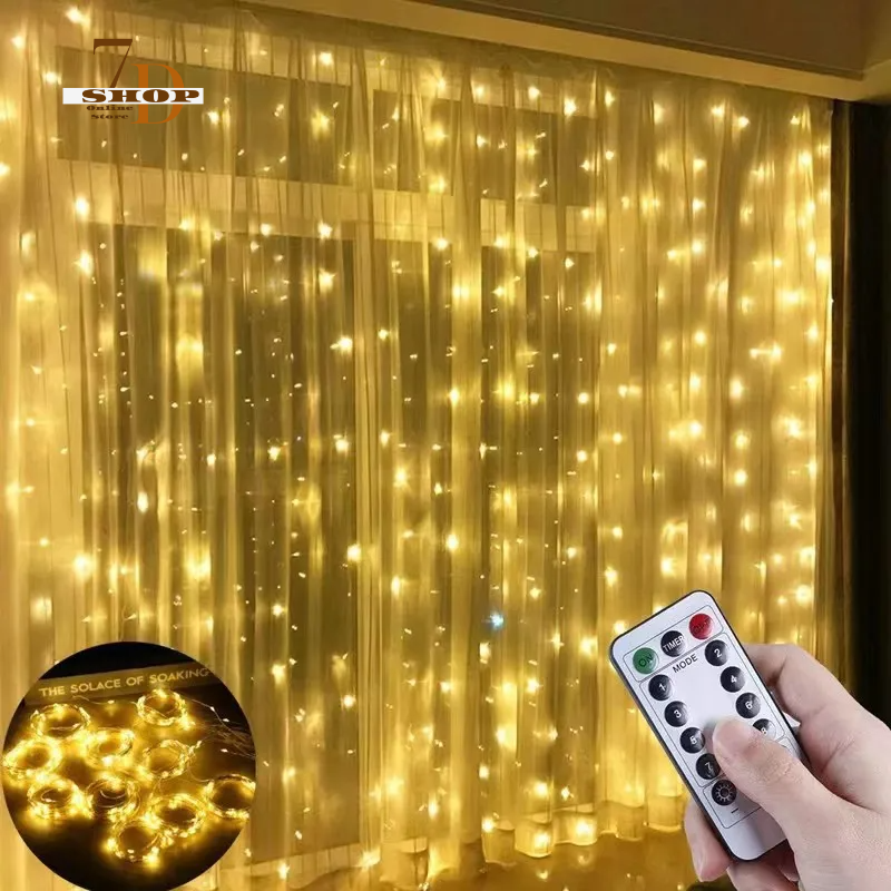 SHOP7D_LED Curtain String Lights Christmas Garland Decor Fairy Light 8 Modes USB Remote Control Wedding Holiday Party for Bedroom Home