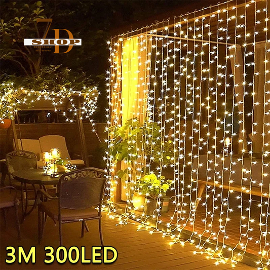 SHOP7D_3M LED Curtain String Lights Fairy Decoration USB Holiday Garland Lamp 8 Mode For Home Garden Christmas Party New Year Wedding