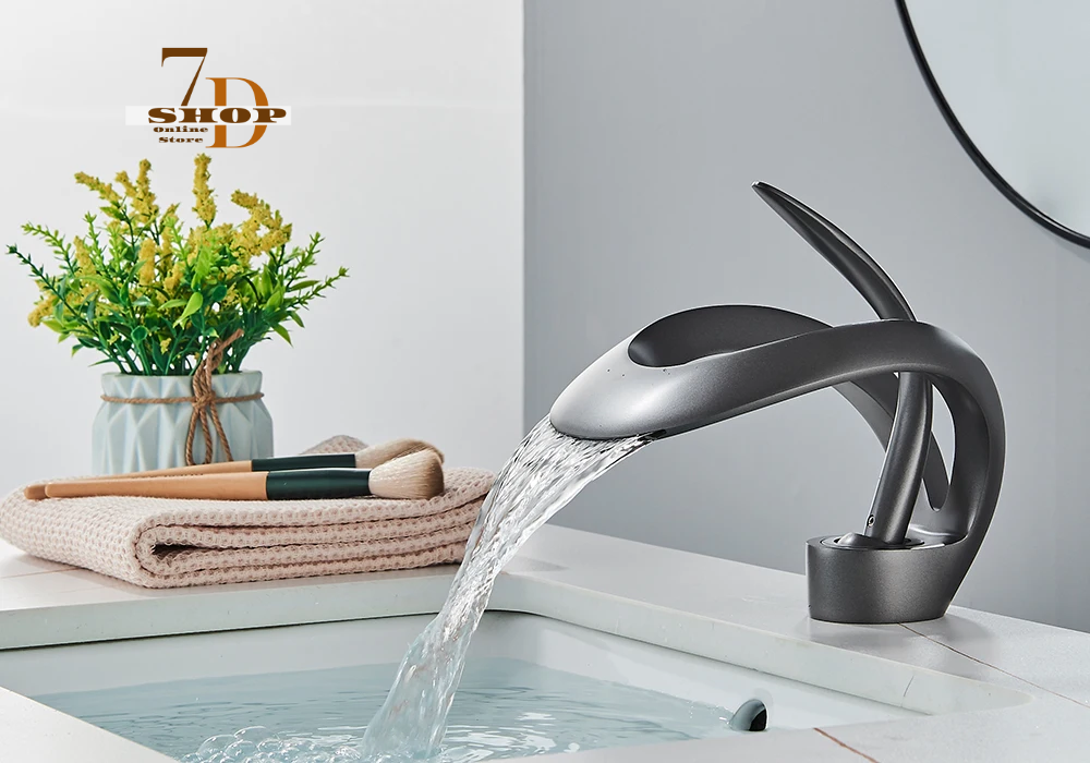 SHOP7D_Luxury Black Basin Faucet Grey Bathroom Waterfall Mixer Tap Brass Deck Mount Modern Style Hot Cold Water Sink Mixer Crane