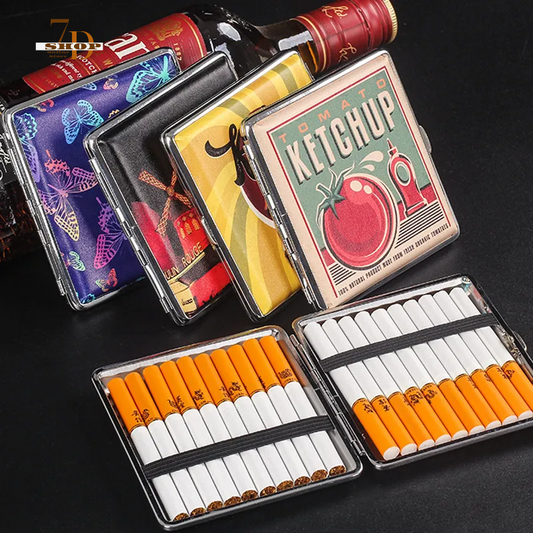 SHOP7D_Fashion Cigarette Case 20 Pack Portable Leather Cigarette Holder Creative Personality Coarse Cigarette Storage Box