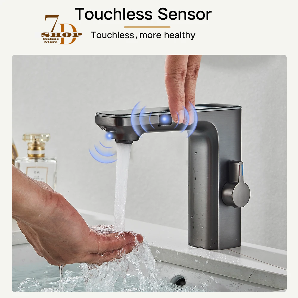 SHOP7D_Touchless Sensor Basin Faucet Brass Smart Digital Display Bathroom Sink Faucet Grey Sense Hot Cold Water Mixer Tap Battery Power