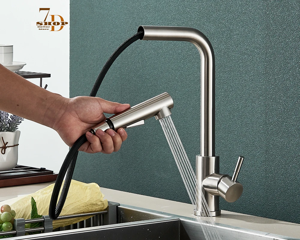 SHOP7D_Flexible Gourmet Kitchen Faucet Black Pull Out 2 Ways Nozzle Faucets 360° Rotation Hot Cold Water Sink Mixer Tap SUS304