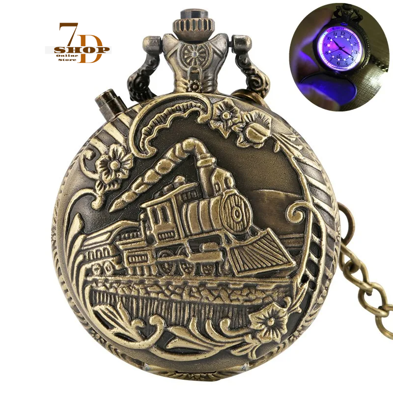 SHOP7D_Antique Style LED Clock Locomotive Railway Men Women Quartz Analog Pocket Watch Arabic Numerals Display Pendant Chain Gifts