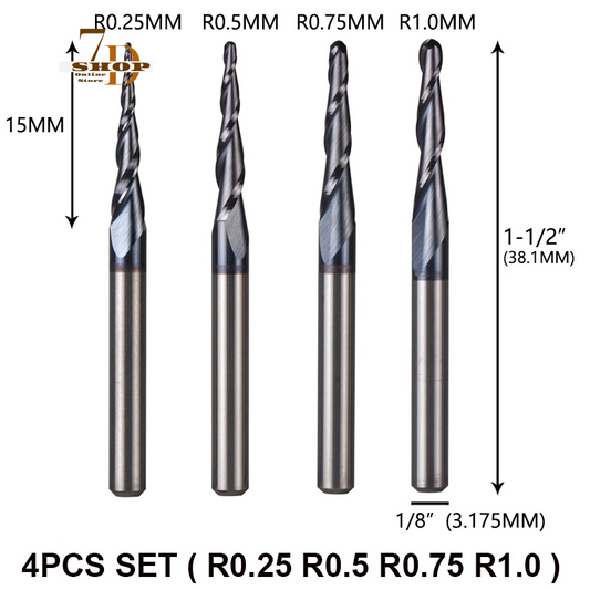 SHOP7D_4pcs/Lot Tungsten Solid Carbide Inch Size 3.175mm Ball Nose Tapered End Mill Router Bits CNC Taper Wood Metal Milling Cutter